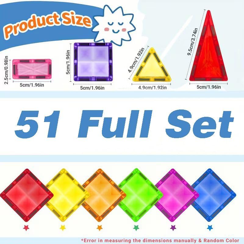 51 Pcs Magnetic Tiles Toddler Building Blocks Toys, Montessori Kids Toys for, Preschool Learning Sensory 3-12 STEM Education Gift Games, Birthday Gifts Idea for Kids Toddlers. (51)